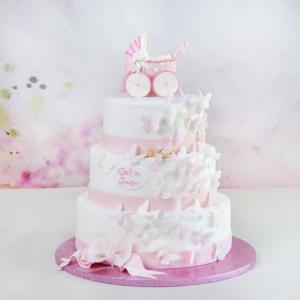 Tort Botez Fluturi Roz Pal si Carucior Tort Botez Fluturi Roz Pal si Carucior