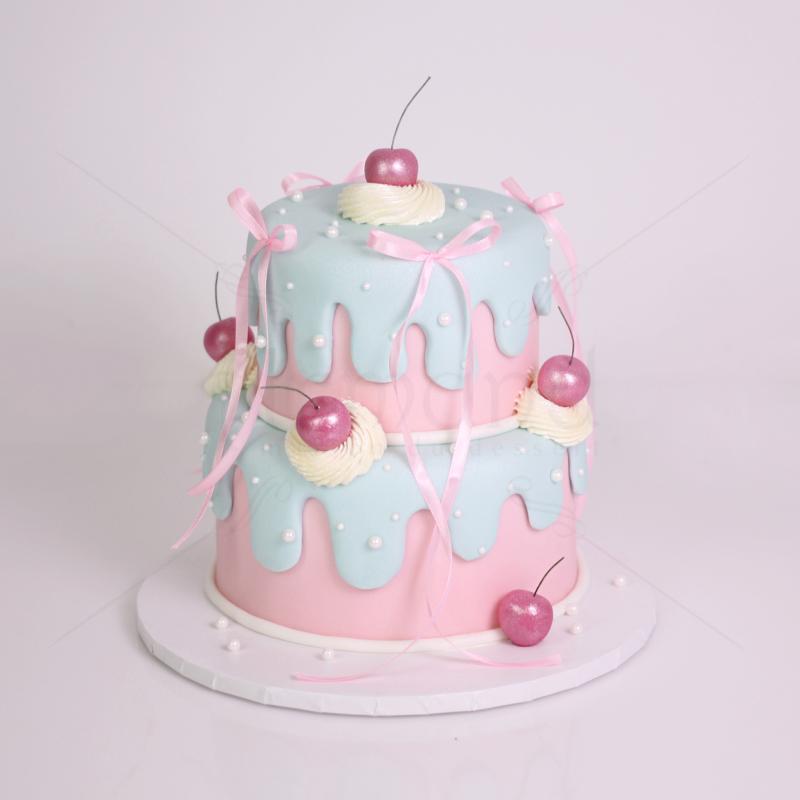 Tort Elegant Roz si Bleu cu Cirese si Fundite