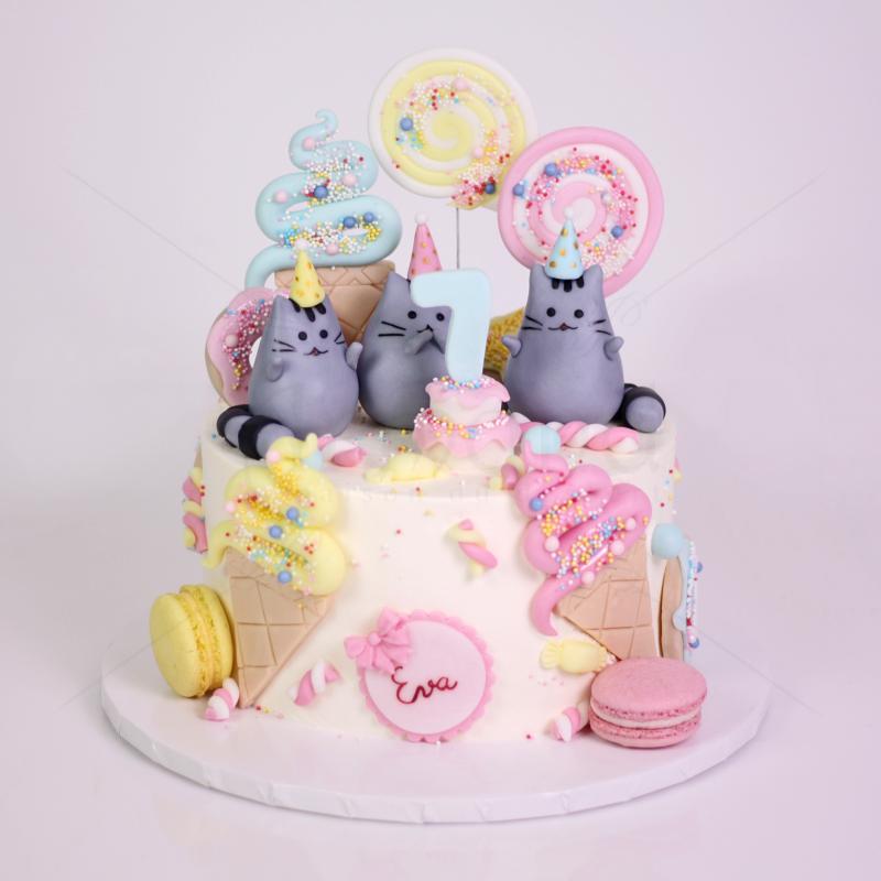 Tort Copii cu pisicute Pusheen, acadele si inghetata colorata