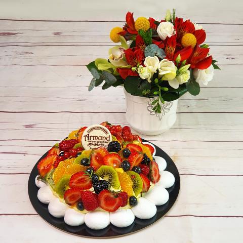 Pachet cadou Pavlova si aranjament floral Veselie in Culori